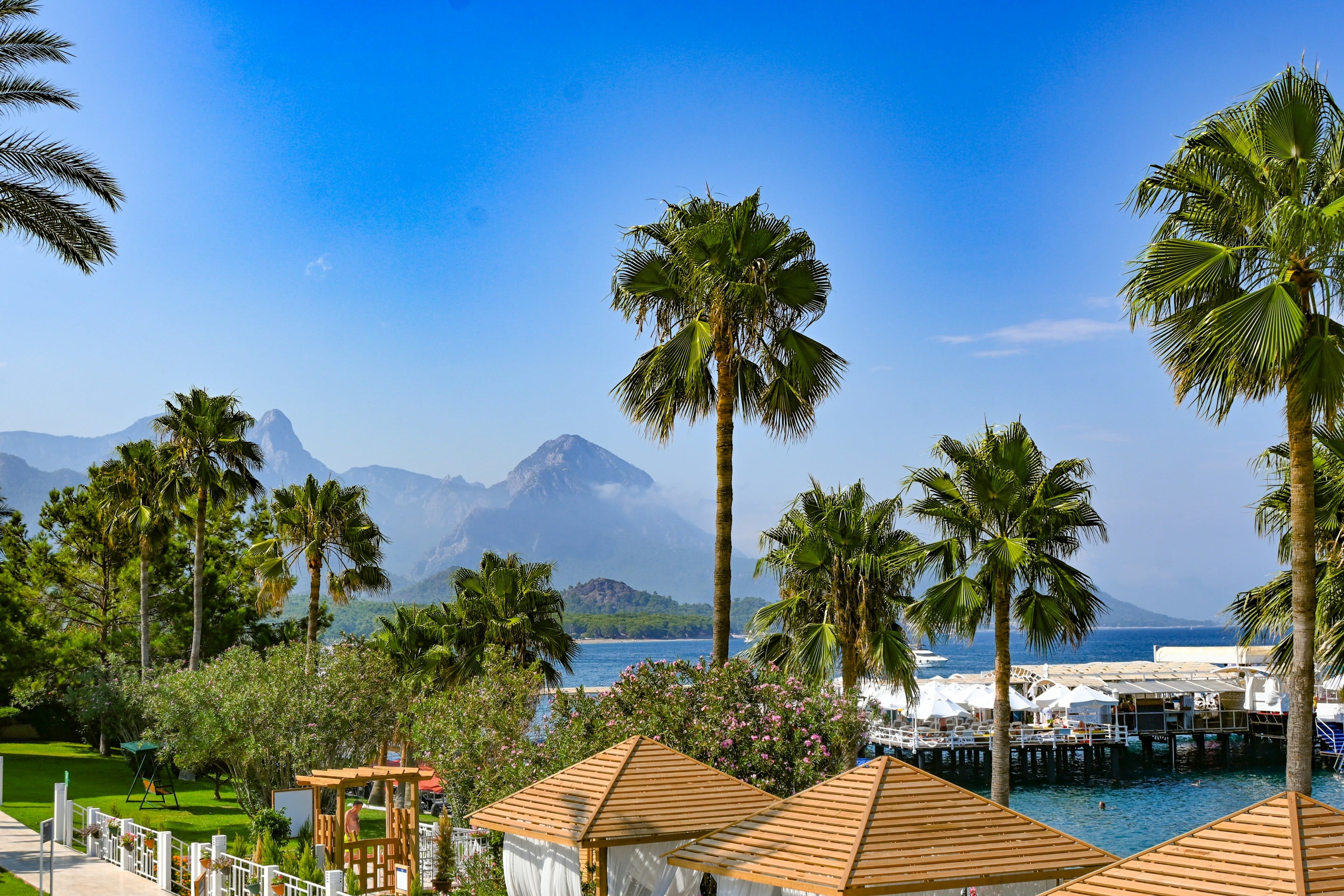 Antalya'da dağlara bakan palmiyeli otel havuzu